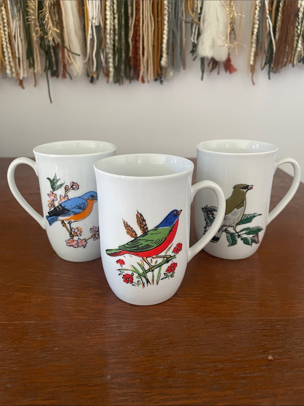 White Ceramic Bird Print Mugs - Set of 3 vintage like new
